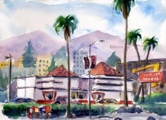 Watercolor painting of In 'n Out hamburgers on Sunset Blvd in Hollywood CA