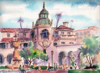 Watercolor painting of Pasadena City Hall courtyard.