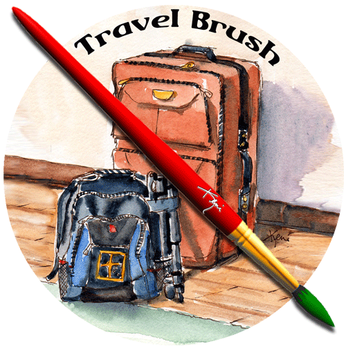 Painting of luggage, back pack and paint brush