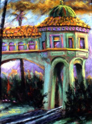 Pastel painting of Castle Green Hotel in Pasadena, CA