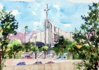Watercolor painting of Lake Avenue church with freeway in the foreground in Pasadena CA