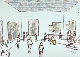 Watercolor sketch of Kenturah Davis solo art show at Jeffrey Deitch Gallery in New York City