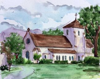 Watercolor painting of the Church of the Recessional at Forest Lawn Mortuary in Glendale CA