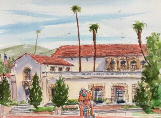 Watercolor painting of Pasadena Central Library with a lady and her cart in the foreground