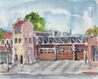 Watercolor painting of Fire Station 31 in Pasadena CA
