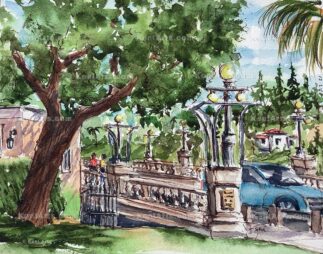 Watercolor painting of Defenders Park looking toward the Colorado Street Bridge in Pasadena CA