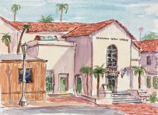 Watercolor painting of Pasadena Central Library after closure for earthquake safety