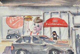Watercolor painting of drive-thru at Bobs Big Boy in Burbank CA