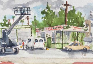 Watercolor painting of film strike at Ronnie's vintage gas station used as film location in Altadena CA