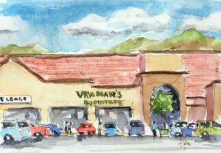 Watercolor painting of Vroman's Bookstore in Hastings Ranch CA