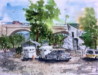 Watercolor painting of Arroyo Saco Stables in South Pasadena CA