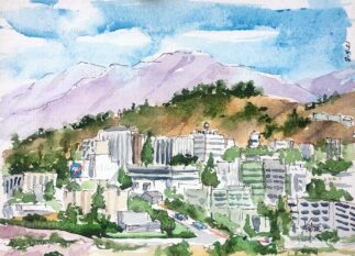 Watercolor painting of JPL with mountains in background in Pasadena CA