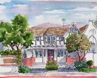Watercolor painting of Mountain View Mortuary in Altadena CA with San Gabriel mountains in background