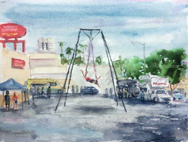 Watercolor painting of Elevation Ariel dancer in Altadena CA