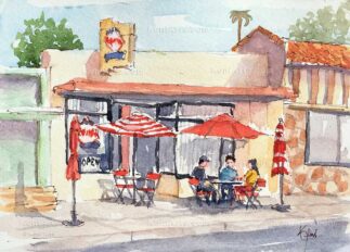 Watercolor painting of the Little Red Hen restaurant in Altadena CA