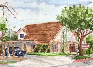 Watercolor painting of Woods & Valentine Mortuary in Pasadena CA