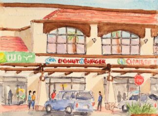 Watercolor painting of a Subway sandwich shop and donut and burger shop in Pasadena CA