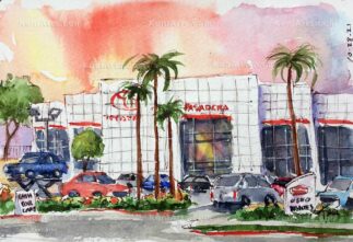 Watercolor painting of a car dealership in Pasadena CA