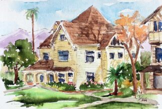 Watercolor painting of Taylor Hall at Fuller Seminary in Pasadena