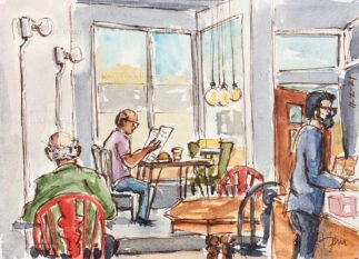Watercolor painting of the Coffee Gallery in Altadena CA