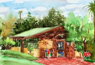 Watercolor painting of Gamble House Bookstore in Pasadena CA