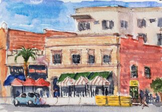 Watercolor painting of Hot Wings and other shops with K-rails in Old Town Pasadena.