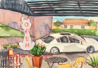 Watercolor painting of view from window at Fox's Restaurant in Altadena CA