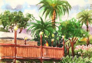 Watercolor painting of Altadena Library foot bridge with palm trees.