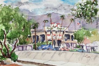 Watercolor painting of Rose Bowl Stadium in Pasadena