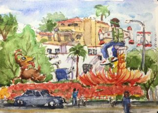 Watercolor painting of a Rose Bowl float in Pasadena CA