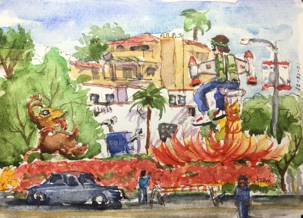 Watercolor painting of a Rose Bowl float in Pasadena CA