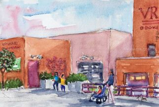 Watercolor painting of back entrance to Vroman's Bookstore in Pasadena CA