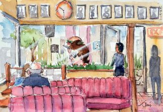 Watercolor painting of Bob's Big Boy restaurant in Burbank