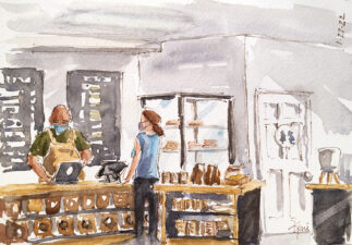 Watercolor painting of Unincorporated Coffee shop interior view. Altadena, CA
