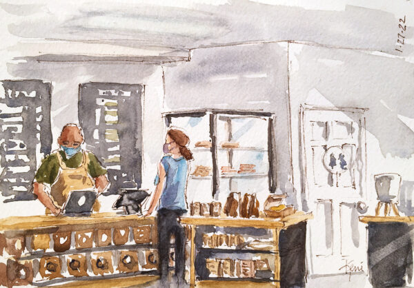 Watercolor painting of Unincorporated Coffee shop interior view. Altadena, CA