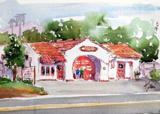 Watercolor painting of the Firehouse School in Altadena CA