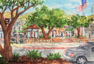 Watercolor painting of a public park in Sierra Madre CA