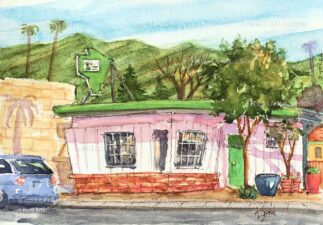 Watercolor painting of Bonsai House, a nursery in Pasadena