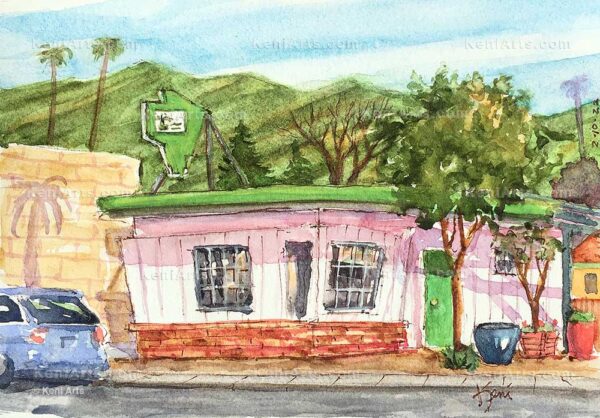 Watercolor painting of Bonsai House, a nursery in Pasadena