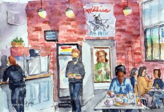 Watercolor painting of Millie's Restaurant, interior view, in Pasadena CA