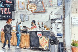 Watercolor painting of eclectic Jones Coffee shop showing people ordering coffee in Pasadena.