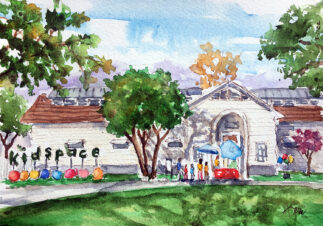 Watercolor painting of Kidspace in Rose Bowl in Pasadena