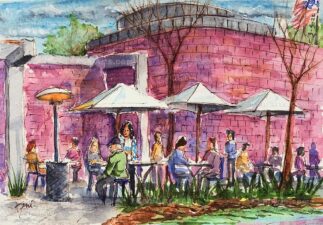 Watercolor painting of Norton Simon Museum Sculpture Garden Cafe