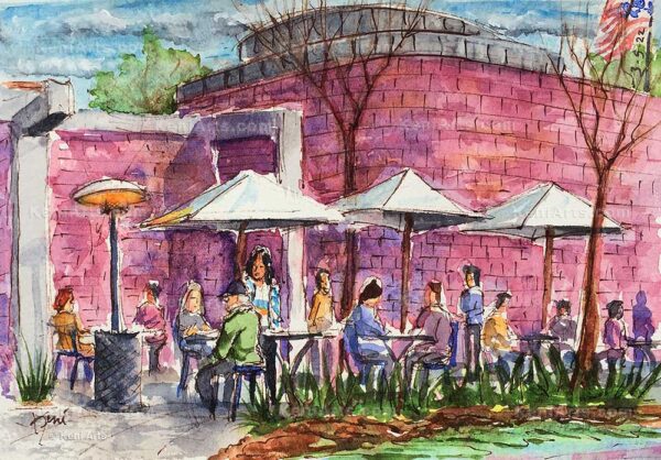 Watercolor painting of Norton Simon Museum Sculpture Garden Cafe