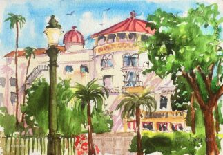 Watercolor painting of Lamp and Castle Green Hotel