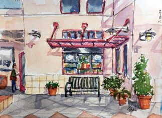 Watercolor painting of the side view of Vroman's Bookstore