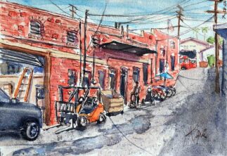 Watercolor painting of Altadena Hardware alley.