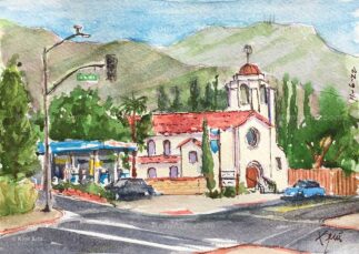 Watercolor Scene from a bus stop on Altadena Dr & Lake Ave