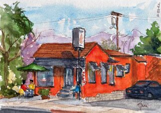 Watercolor painting of Fox's restaurant in Altadena, CA
