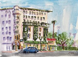 Watercolor Castle Green Hotel on Green Street & Fair Oaks Ave in Old Town Pasadena, CA.